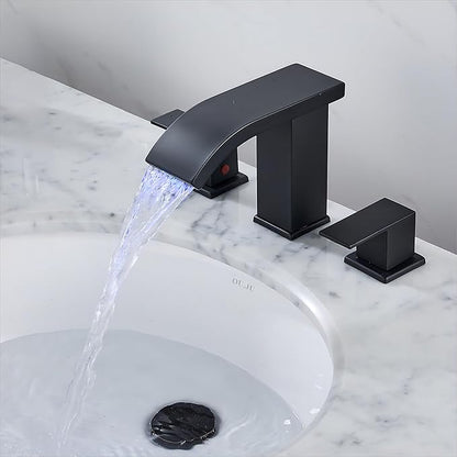Bathroom faucets 3 Hole Widespread Modern Bathroom Sink Faucet 8 inch Matte Black Bathroom 3 Hole LED Light Waterfall Vanity Faucet Sink with Pop Up Drain (Matte Black)