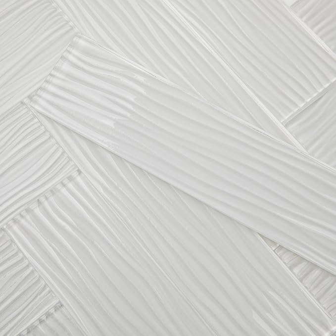 White Glass Subway Tile, Water Wave Glass for Shower Bathroom Kitchen Backsplash Wall, 3 x 12 Inch, 4 Sq.Ft.