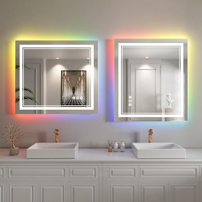 24x30 Inch RGB LED Bathroom Mirror with Lights | Front and RGB Backlit, Dimmable, Memory, Anti Fog, Shatterproof, Horizontal/Vertical, Lighted Mirrors for Bathroom Wall