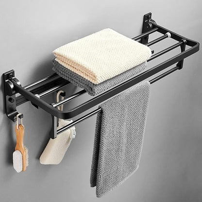 Towel Rack Wall Mount for Bathroom with Towel Bar and Hooks 23.6 in Foldable Towel Shelf Lavatory Towel Organizer Matte Black