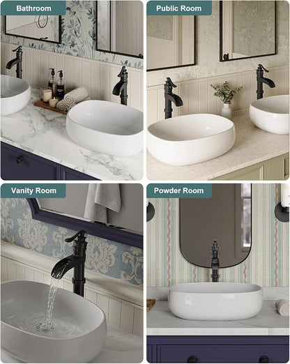 BWE Matte Black Vessel Sink Faucet Waterfall Tall Bathroom Faucet | Single Handle 1 Hole Brass Countertop Lavatory Vanity Mixer Tap with Pop Up Drain and Supply Lines for RV Bar No Overflow
