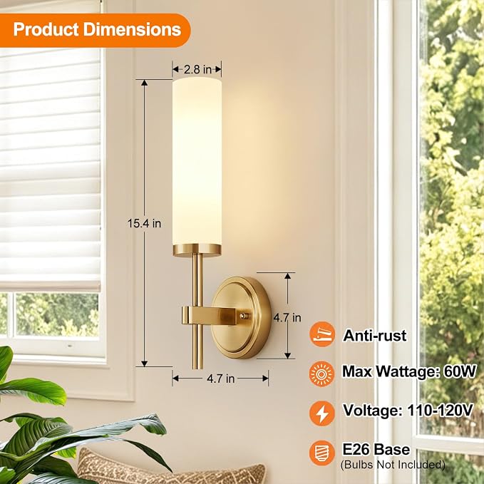 [Hardwired] Wall Sconces Set of Two, Brushed Gold Bathroom Sconces with Milky White Glass, Modern Wall Light Fixtures for Bathroom Mirror Vanity, Living Room, Hallway, Stairway, Cabinet, Foyer