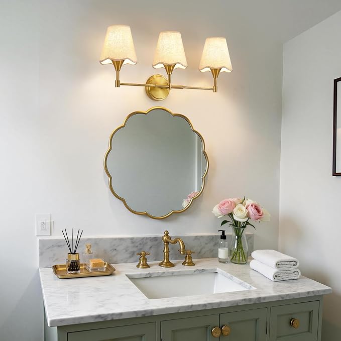 Gold Bathroom Vanity Light Fixtures: 3 Light Vanity Lighting Fixtures with Flared Fabric Shade, Brushed Gold Bathroom Lighting Fixture over Mirror, Wall Sconce Lights for Bedroom Hallway Living Room