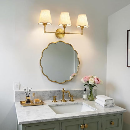 Gold Bathroom Vanity Light Fixtures: 3 Light Vanity Lighting Fixtures with Flared Fabric Shade, Brushed Gold Bathroom Lighting Fixture over Mirror, Wall Sconce Lights for Bedroom Hallway Living Room