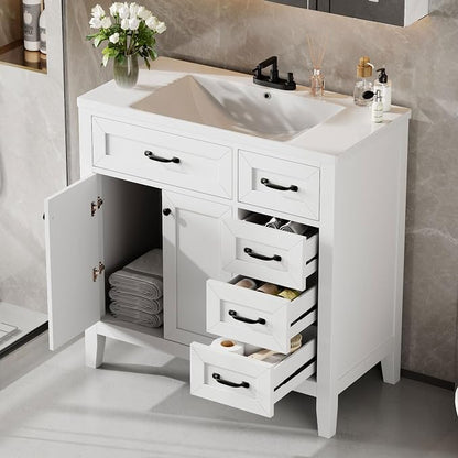 36 Inch Bathroom Vanities with Undermount Ceramic Sink, Storage Cabinet with Soft Closing Doors and Three Drawers, Solid Wood Frame, White