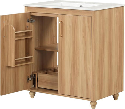 LUMISOL 30" Bathroom Vanity with Sink, Small Single Bathroom Vanity with Drawer and Soft-Close Doors, Storage Racks, Wooden Freestanding Bathroom Cabinet with Ceramic Sink, Natural