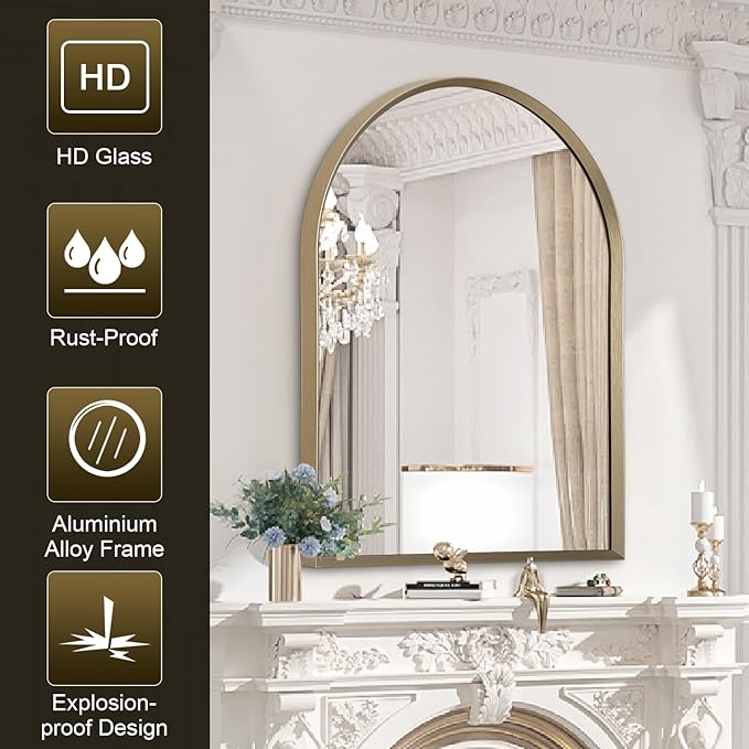 Bathroom Arched Wall Mirror Brushed Metal Vanity Wall Mounted Mirror for LivingRoom Bedroom Entryway Room Vanity Home Decor 28"x20"