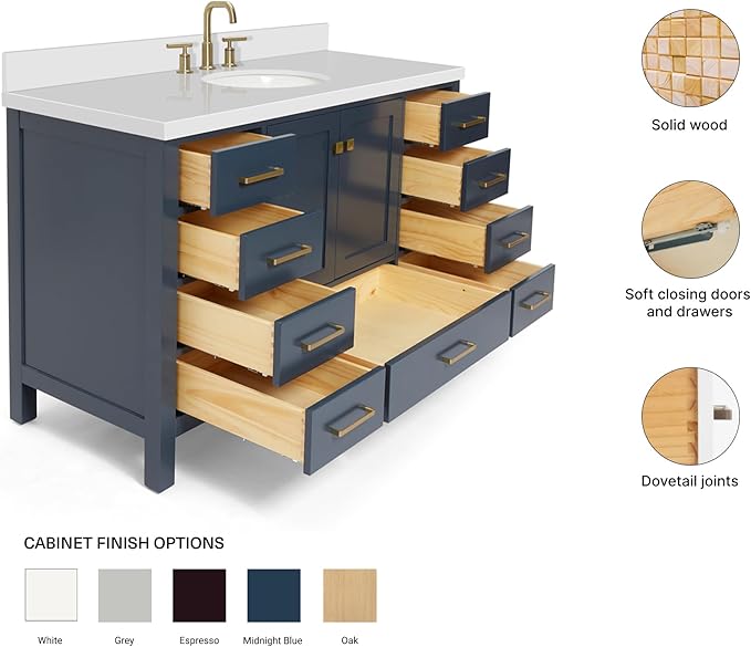 ARIEL Cambridge 54-inch Bathroom Vanity with Sink,Solid Wood, 1.5-inch Pure White Quartz Countertop & Backsplash, Single Oval Porcelain Sink, 2 Soft Closing Doors, 9 Dovetail Drawers, Midnight Blue