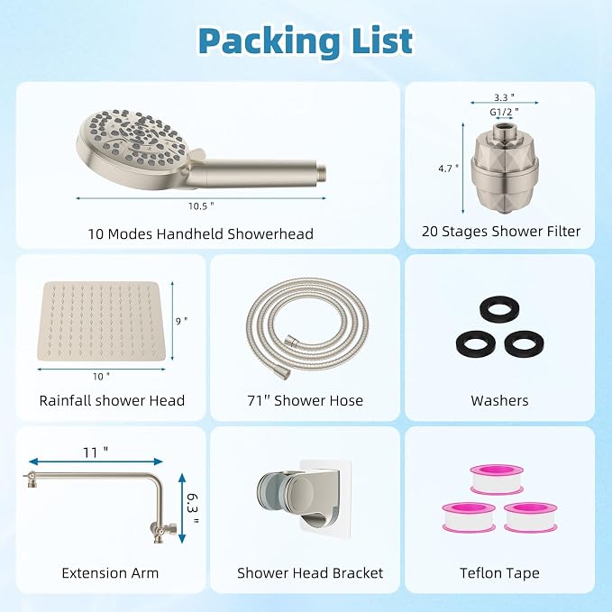 10" Metal Filtered Shower Head with 10-Mode Handheld, Brushed Nickel | NSF/ANSI/CAN 372 Certified, High Pressure Showerhead Combo, 20 Stage Shower Filter, 11" Shower Arm, 71" Hose, Shower Holder