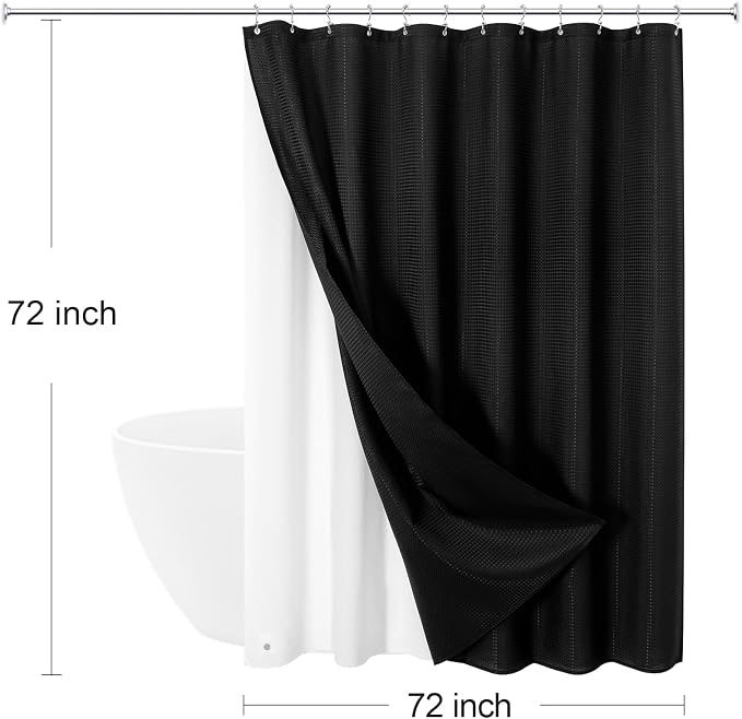 3 in 1 Black Shower Curtain with PEVA Liner, 12 Hooks, 72x72 | Luxury Weighted Fabric Shower Curtain Set, 12 Stainless Steel Double-Sided Hooks, Water Repellent, Bathroom Decor