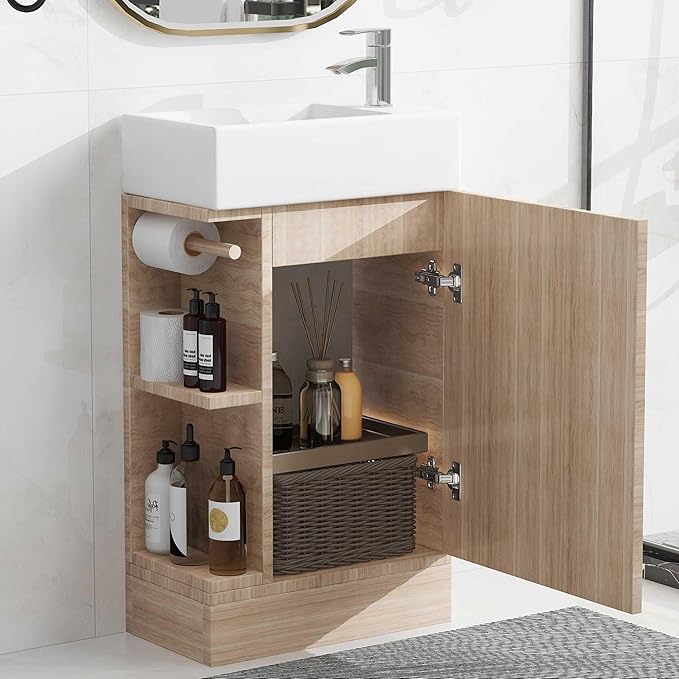 Merax Bathroom Vanity with Sink 18.6 Inch, Cabinet with Storage Shelf & Toilet Paper Holder, Left or Right Available,