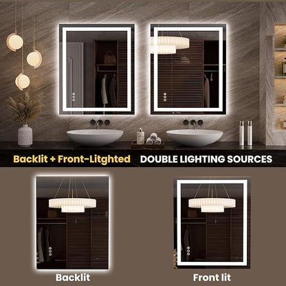 LOAAO 35.4"x29.9" LED Bathroom Mirror with Lights, UL Listed | Anti-Fog, Dimmable, 3 Color Temperature, Backlit + Front Lit, Memory Function, Tempered Glass