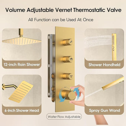 Thermostatic Dual Shower System Brushed Gold,Push Button Diverter Rainfall Shower Faucet Set with 2 in 1 Handheld Spray,12'' Ceiling Mount and 6'' Wall Mount Rainfall Shower System