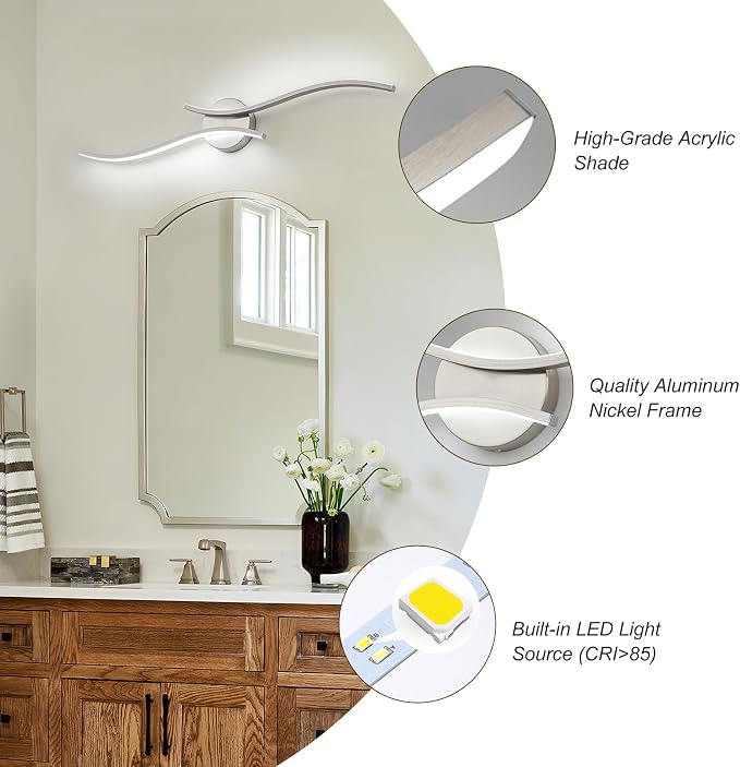 Modern Bathroom Vanity Light, 32inch Dimmable Brushed Nickel Bathroom Lighting Fixtures Over Mirror, 23W Aluminum Wall Light for Living Room,6000K White Light