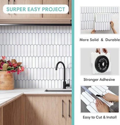 Commomy Thicker White Peel and Stick Tiles Backsplash - 10 pcs of 12" x 12" - 3D Adhesive Peel and Stick Backsplash for Kitchen, Bathroom, Removable, Waterproof, Vinyl Wall Tile (Gray Grout)