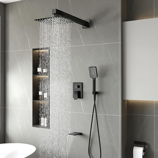 Shower Faucet Set Complete Matte Black Shower System with 10 inch Square Rainfall Shower Head 3-Function Handheld Shower Waterfall Bathtub Spout Rain Shower Combo Set Bathroom Wall Mounted