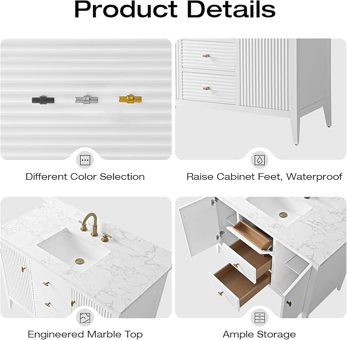 Vanity Art 48 inch Bathroom Vanity with Single Sink & Ceramic Top, Vanity Cabinet with Soft-Closing Door, Solid Wood Frame, Linear Pattern, White, Golden Brushed Handware VA9148-W-GB