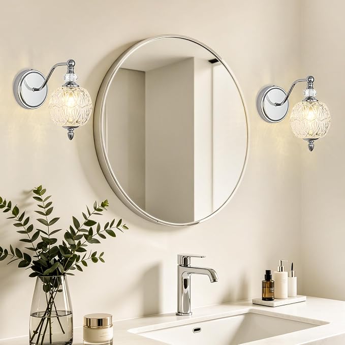 1 Piece Brushed Chrome Wall Sconce, 1-Light Mid Century Modern Brushed Chrome Finish Wall Sconce with Globe Glass Shade, Modern Light for Bathroom, Bedroom, Living Room,Powder Room