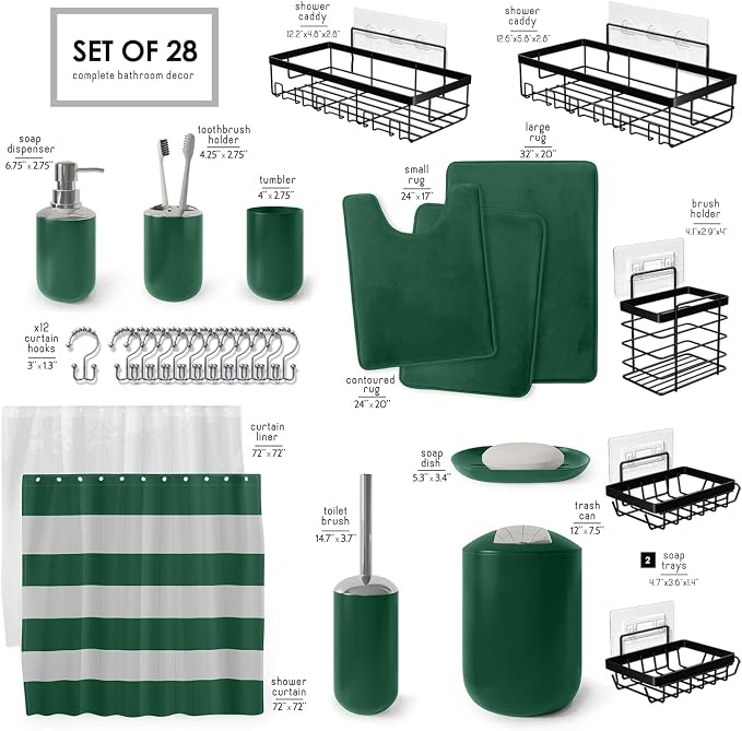 Clara Clark Bathroom Accessories Set - 28PC Bathroom Set with Adhesive Corner Shower Caddy Hanging, Bathroom Sets with Shower Curtain and Rugs, Green Shower Curtain Set with Bathroom Trash Can