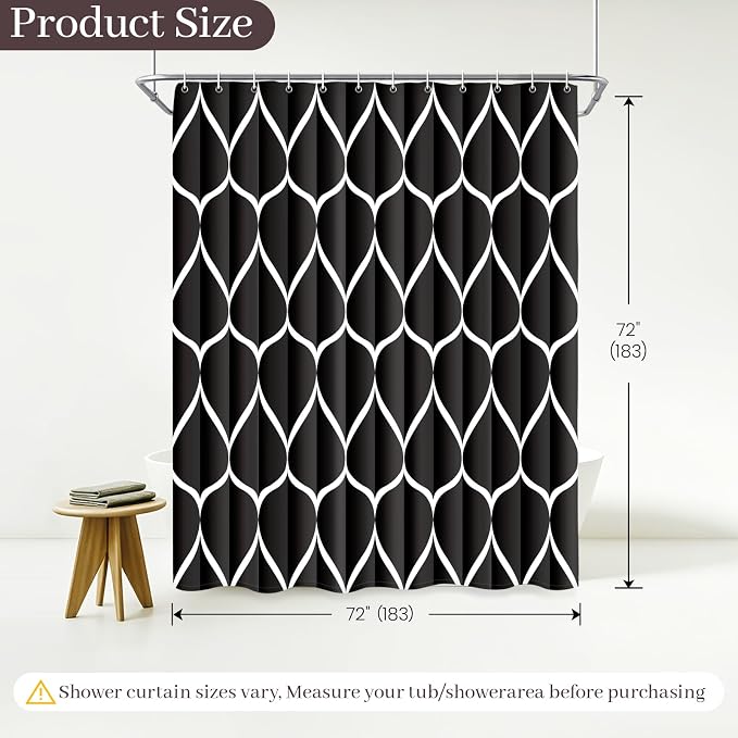 Gelbchu Geometric Shower Curtain for Bathroom, Black, 72x72 Inch | with Hooks, Premium Polyester, Quick Dry, Water Repellent, Machine Washable, Rustproof Grommets, Modern Minimalist