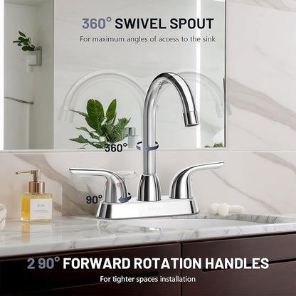 Bathroom Sink Faucet for 3 Hole, 4 Inch Stainless Steel Faucet for Bathroom, Bathroom Faucets with Deck Plate & Pop-Up Pop-Up Drain Assembly 2-Handle Faucet for Bathroom Sink Vanity RV Restroom