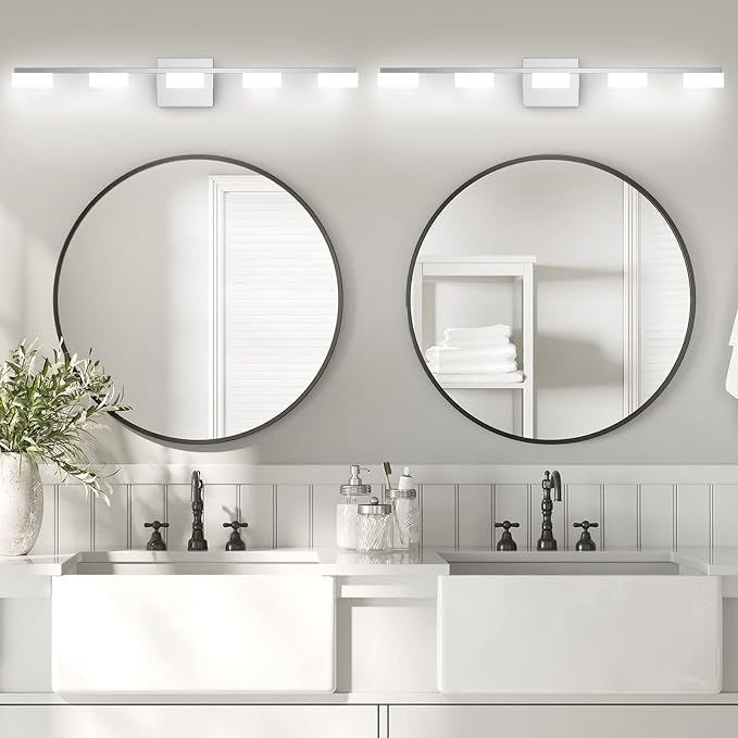 LED Modern Bathroom Light Fixtures Over Mirror, 5-Light Dimmable Vanity Lights, Chrome Acrylic Bathroom Vanity Light, 2700K-6500K Adjustable, ETL Certificated