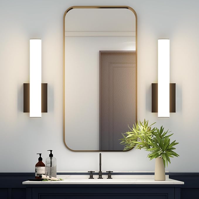 15.7 Inches Modern Bathroom Led Wall Sconces,18W 3000K Hardwired Wall Light with White Acrylic Lampshade,Indoor Bathroom Vanity Light for Mirror Bedroom Living Room Hallway(Black,2Pack)