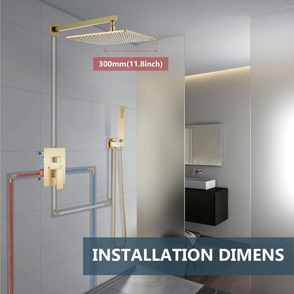 Aolemi Shower Faucet Set with Valve Handheld 12" LED Head Brushed Gold | Handheld Spray,12 Inch Rain LED Head,Valve and Trim Kit,All Metal,Wall Mount Shower System,Bathroom Mixer
