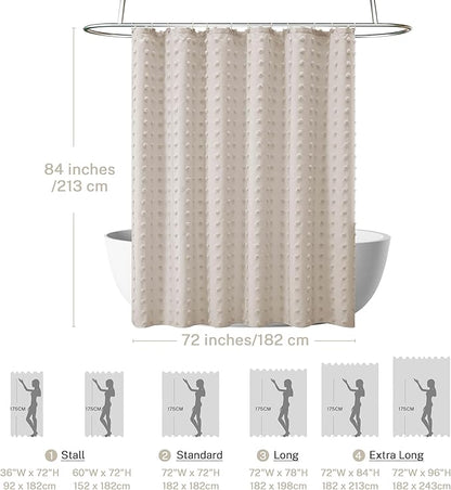 Extra Long Boho Farmhouse Shower Curtain Woven Fabric 84 Inch Natural Shower Curtain, 72 x 84 Tufted Pleat Floral Puffs Textured Modern Minimalist Shower Curtain Set with Hooks for Bathroom