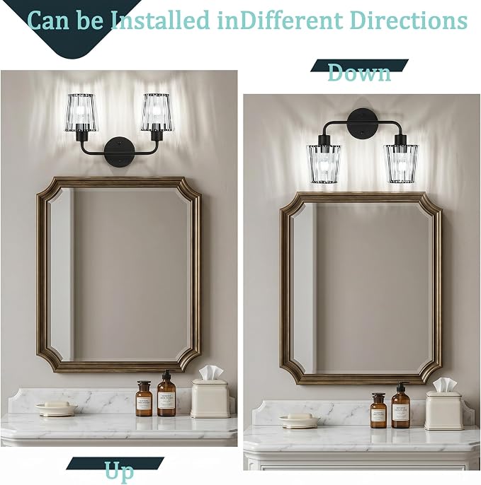 Black Vanity Lights, 2-Light Crystal Bathroom Light Fixtures | Modern Bathroom Vanity Light E26 Wall Light over Mirror (Exclude Bulb)