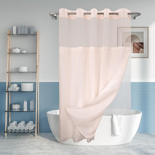 River Dream No Hook Slub Textured Shower Curtain with Snap-in PEVA Liner Set - 71" x 74"(72"), Hotel Style with See Through Top Window, Fabric Outer Curtain & Waterproof Inner Liner, Pink, 71x74