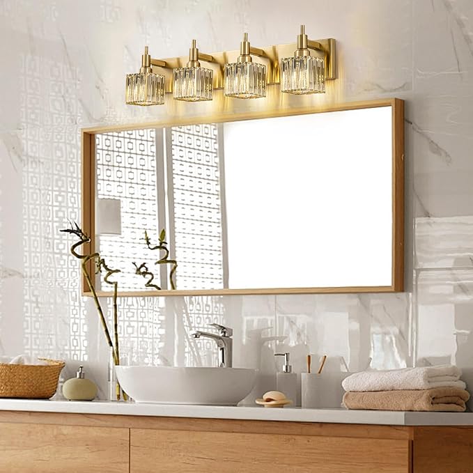 Gold Bathroom Light Fixtures, 4-Lights Crystal Bathroom Vanity Light Over Mirror Modern Gold Crystal Wall Light