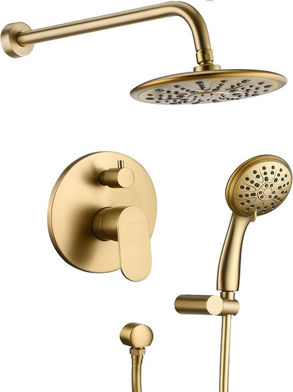 Gabrylly Shower System, 8" Wall Mounted Shower Faucet Set, Brushed Gold | Rain Shower Head with Handheld Spray Combo, All Metal Rainfall Shower Head Complete Set Shower Mixer Valve for Bathroom