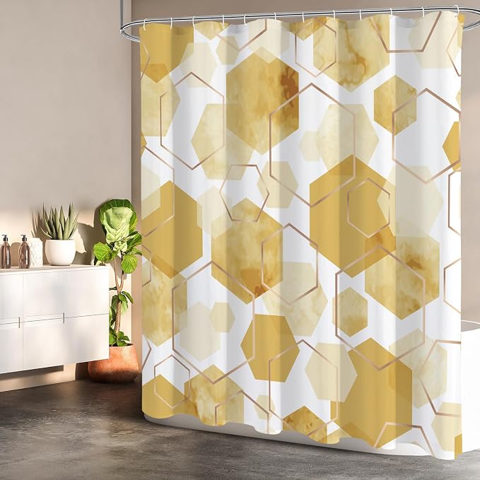 Litabel Extra Long Geometric Shower Curtain for Bathroom, 72x84 | Extra Long Modern Minimalist Shower Curtais, Yellow Geometric Art Print Abstract Waterproof Bath Curtain