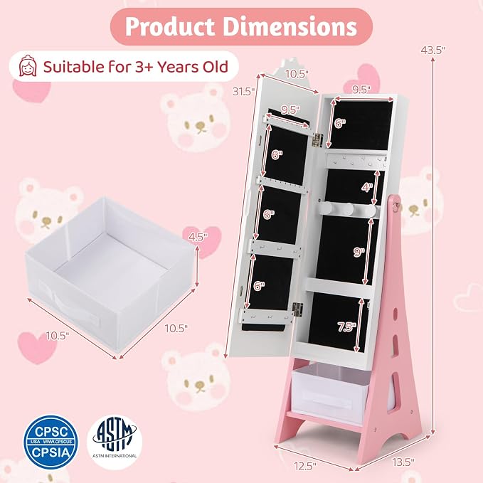 CHARMAID Kids Mirror Jewelry Cabinet - Standing Full Length Mirror with Jewelry Storage, Ring Earring Necklace Jewelry Organizer Box, Kids Vanity Dressing Mirror Jewelry Armoire for Girls (White)