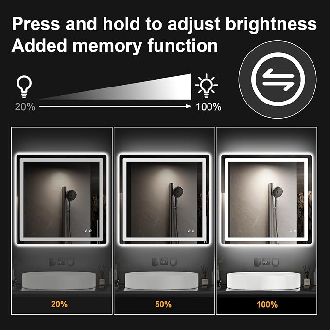 LED Bathroom Vanity Mirror with Lights, 30"x30" Lighted Wall Mirror | Front and Backlit, Anti Fog, Dimmable 3 Color Lighting, Memory Function, Shatterproof Glass, Plug in or Hardwired