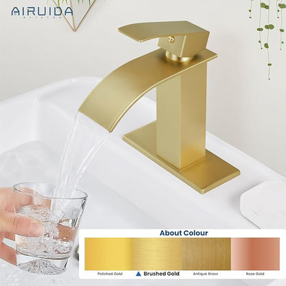 Airuida Brushed Gold Waterfall Spout Single Handle Bathroom Sink Faucet Single Hole Rv Lavatory Vanity Vessel Faucet Basin Mixer Tap with Deck Plate Supply Hoses 1 Hole or 3 Hole