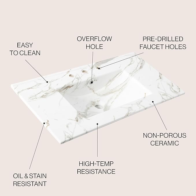 JONATHAN Y SNK1003C Ancillary 3-Hole 36 in. W x 18.25 in. D Classic Contemporary Rectangular Ceramic Single Sink Basin Vanity Top, White Marble Effect