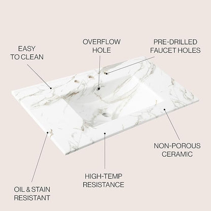 JONATHAN Y SNK1003C Ancillary 3-Hole 36 in. W x 18.25 in. D Classic Contemporary Rectangular Ceramic Single Sink Basin Vanity Top, White Marble Effect