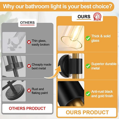 Wall Sconces Set of Two, Modern Bathroom Sconces Wall Lighting with & Clear Glass Glass, Black and Gold Sconces Wall Decor Set of 2 for Bathroom Mirror Bedroom Living Room Hallway