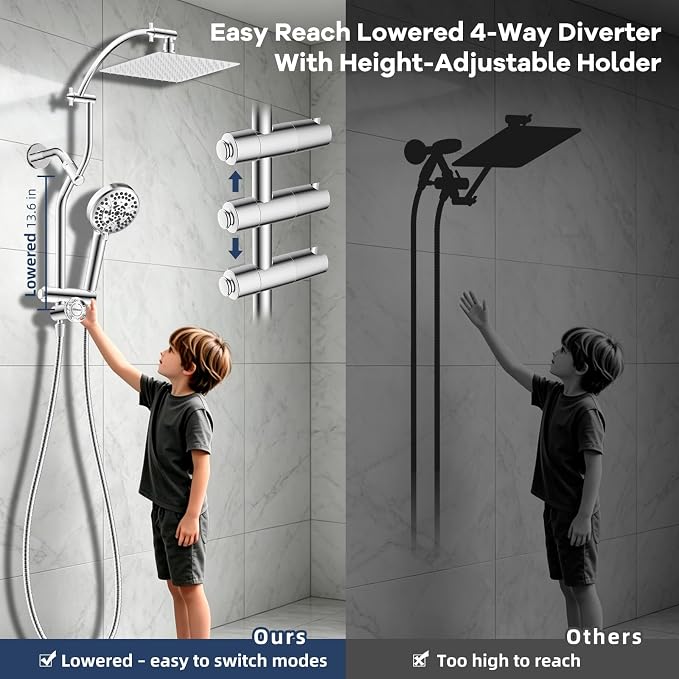 Hibbent 10'' All Metal Showerhead Combo & 10 Mode Filtered Handheld, Chrome | High Pressure Stainless Steel Showerhead, 4-way Diverter, Heightened All Metal Extension Arm, 71'' Hose & Holder, Easy Reach