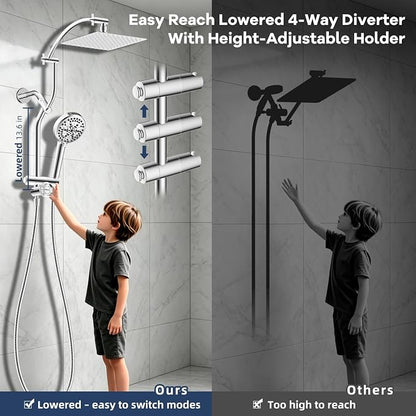 Hibbent 10'' All Metal Showerhead Combo & 10 Mode Filtered Handheld, Chrome | High Pressure Stainless Steel Showerhead, 4-way Diverter, Heightened All Metal Extension Arm, 71'' Hose & Holder, Easy Reach