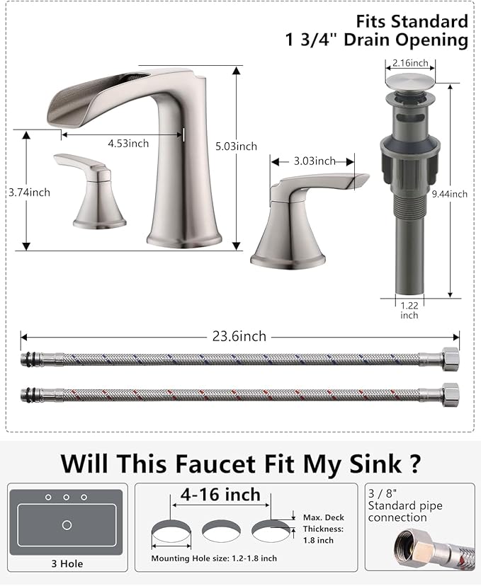 Fapully Brushed Nickel Bathroom Faucet 3 Hole, Waterfall 8 Inch Widespread Bathroom Sink Faucet with Pop-up Drain, Two-Handle Faucet for Bathroom Sink