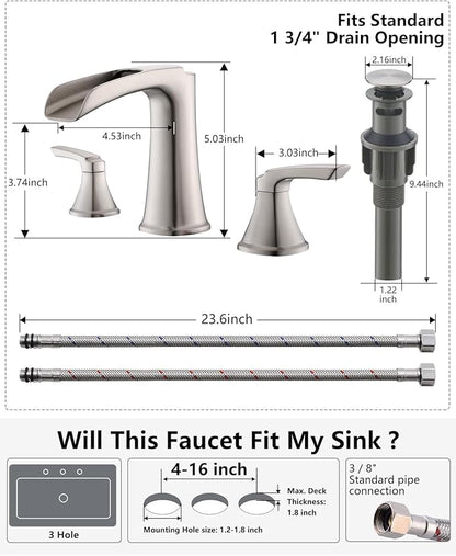 Fapully Brushed Nickel Bathroom Faucet 3 Hole, Waterfall 8 Inch Widespread Bathroom Sink Faucet with Pop-up Drain, Two-Handle Faucet for Bathroom Sink
