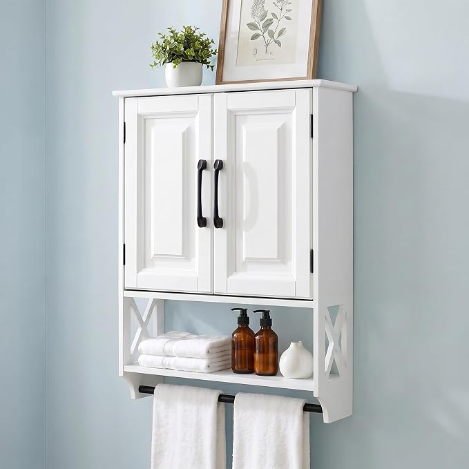 Bathroom Wall Cabinet, 25"x19" Farmhouse Wall Mounted Medicine Cabinet with 2 Raised Panel Doors, Adjustable Shelf & Towel Bar–Over Toilet Storage Organizer for Laundry Room, Entryway or Small Spaces