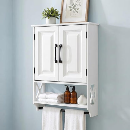 Bathroom Wall Cabinet, 25"x19" Farmhouse Wall Mounted Medicine Cabinet with 2 Raised Panel Doors, Adjustable Shelf & Towel Bar–Over Toilet Storage Organizer for Laundry Room, Entryway or Small Spaces