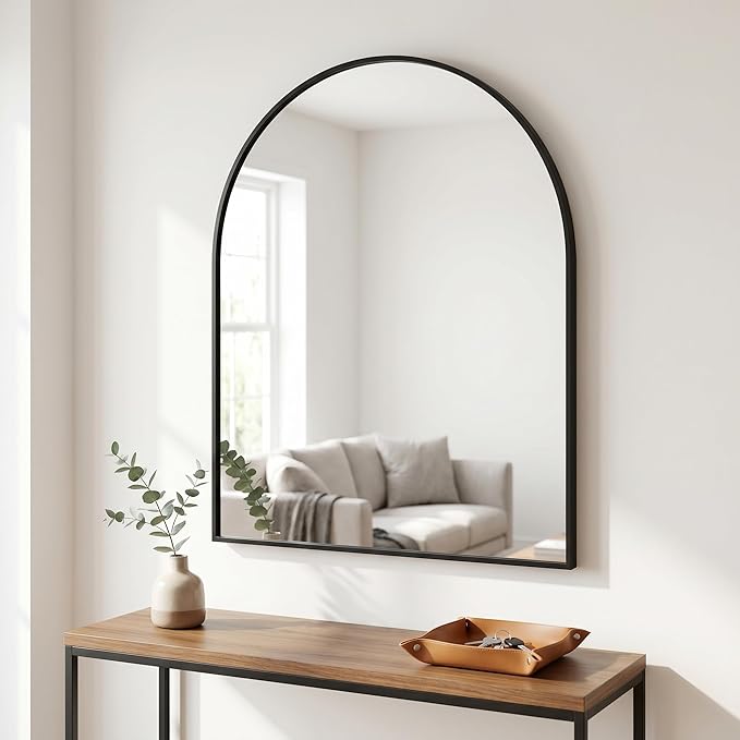 BEAUTYPEAK 28"x26" Arch Bathroom Wall Mirror, Black | Wall Mounted Vanity Metal Frame Mirror for Bedroom, Entryway, Living Room, Fireplace