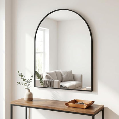 BEAUTYPEAK 28"x26" Arch Bathroom Wall Mirror, Black | Wall Mounted Vanity Metal Frame Mirror for Bedroom, Entryway, Living Room, Fireplace