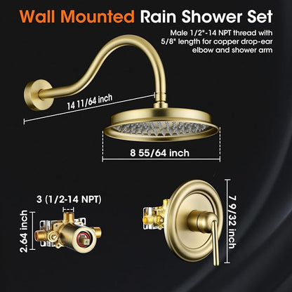 Rainfall Shower System Shower Faucet Set, Luxury, Antique, Light Gold | 9 Inch Single Function Shower Head, Pressure Balance Valve, Wall Mounted, Bathroom, Shower Trim Kit