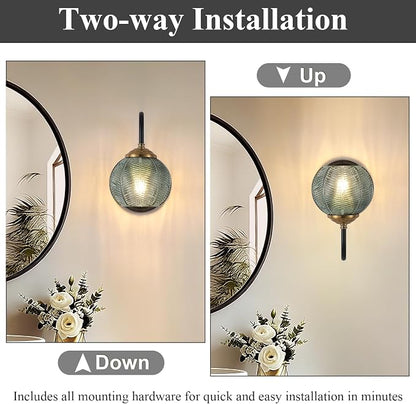 Mecgirn Bathroom Vanity Light Fixtures, 1-Light Green Glass Shade, Modern Black and Gold Wall Sconce, Unique Textured Leaf Pattern, Ceramic E26 Sockets Wall Mounted for Mirror, Cabinet, Hallway